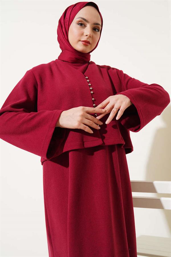Front Mini Buttoned Dress 2 Piece Set Burgundy