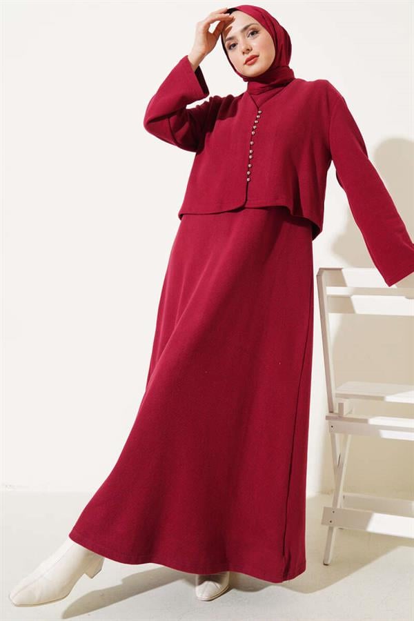 Front Mini Buttoned Dress 2 Piece Set Burgundy