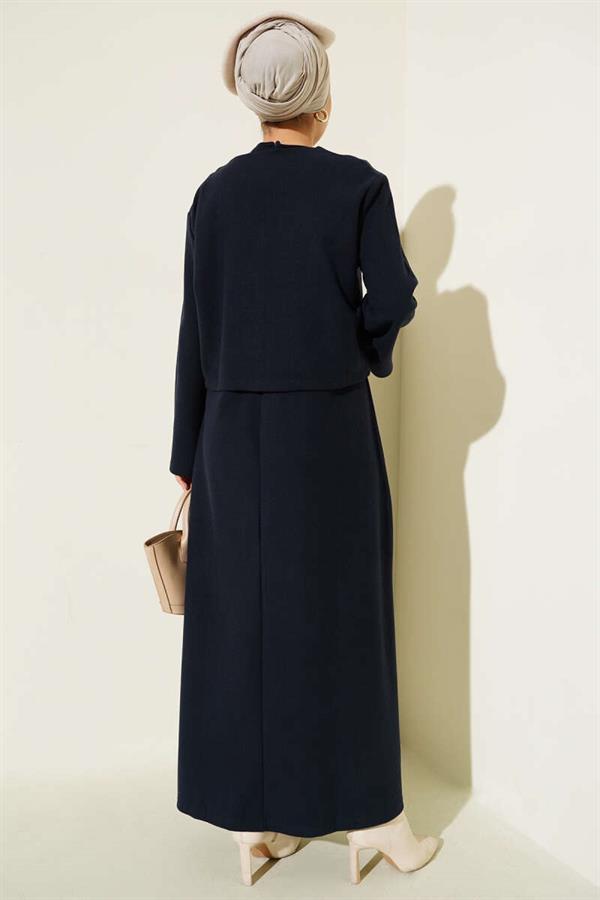 Mini Buttoned Front Dress 2 Piece Set Navy Blue
