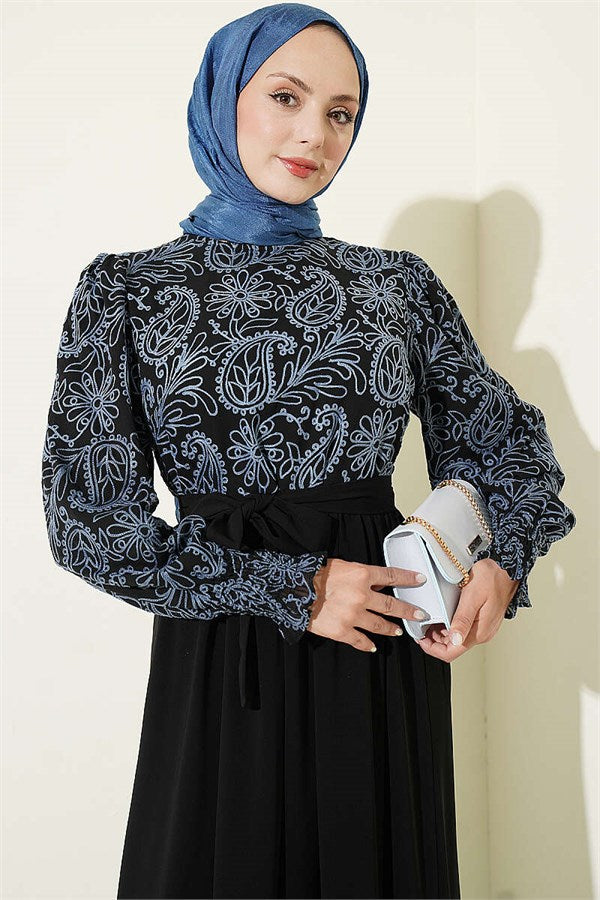 Indigo Dress with Embroidered Front and Ankle Lace Trim