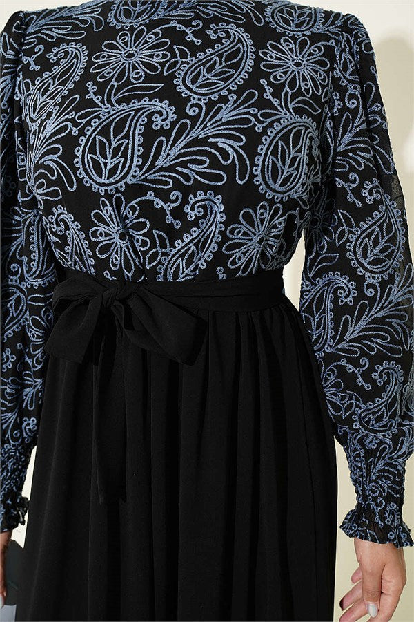 Indigo Dress with Embroidered Front and Ankle Lace Trim