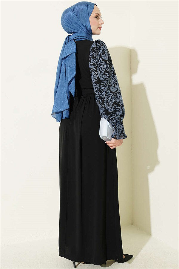 Indigo Dress with Embroidered Front and Ankle Lace Trim