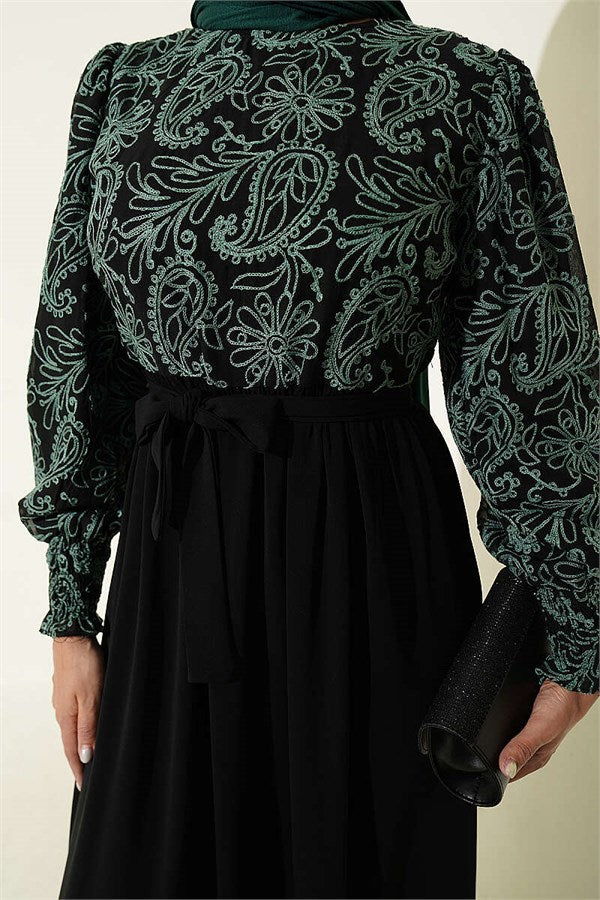Green Dress with Embroidered Front and Ankle Lace Trim