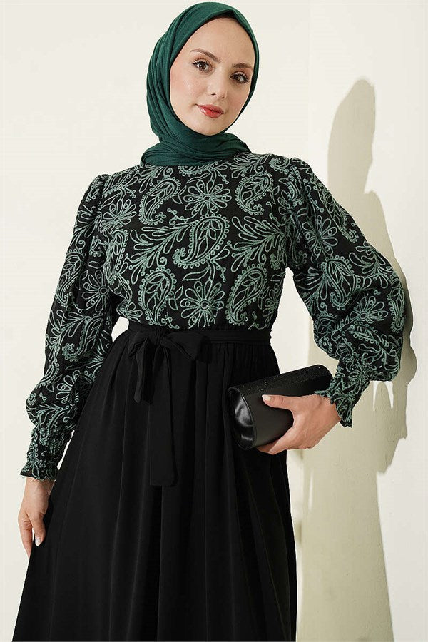 Green Dress with Embroidered Front and Ankle Lace Trim