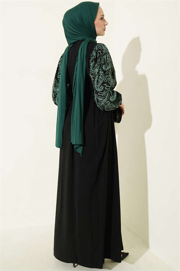 Green Dress with Embroidered Front and Ankle Lace Trim