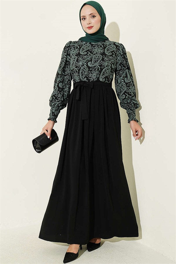 Green Dress with Embroidered Front and Ankle Lace Trim