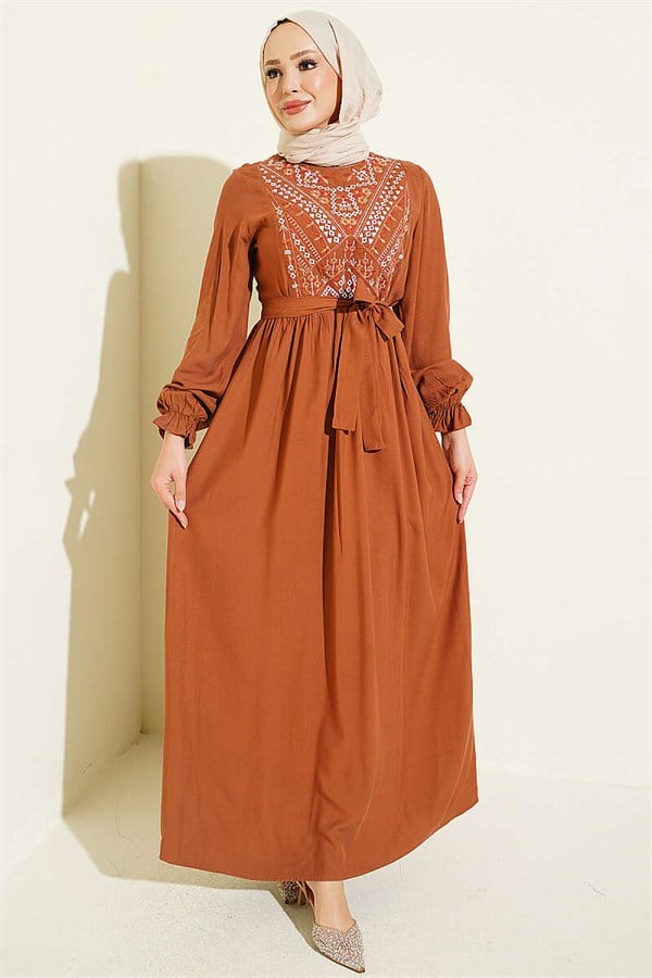Tan Dress with Embroidered Front and Elasticated Ankles