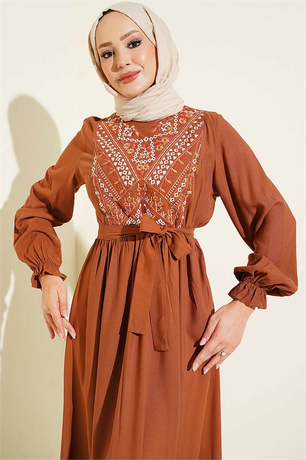 Tan Dress with Embroidered Front and Elasticated Ankles