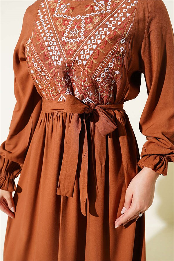 Tan Dress with Embroidered Front and Elasticated Ankles