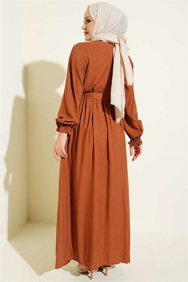 Tan Dress with Embroidered Front and Elasticated Ankles