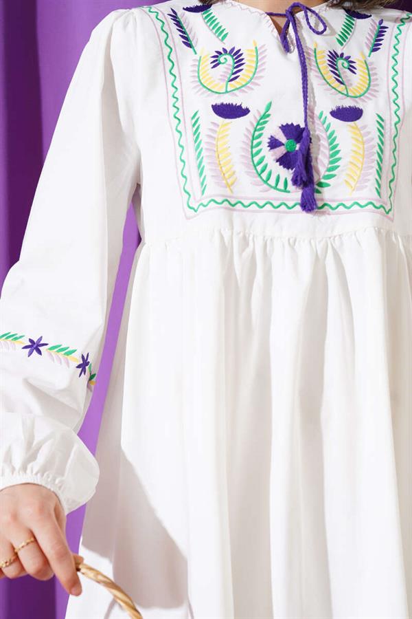 Embroidered Tassel Rope Front Tunic Lilac