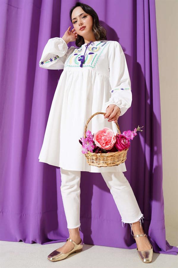 Embroidered Tassel Rope Front Tunic Lilac