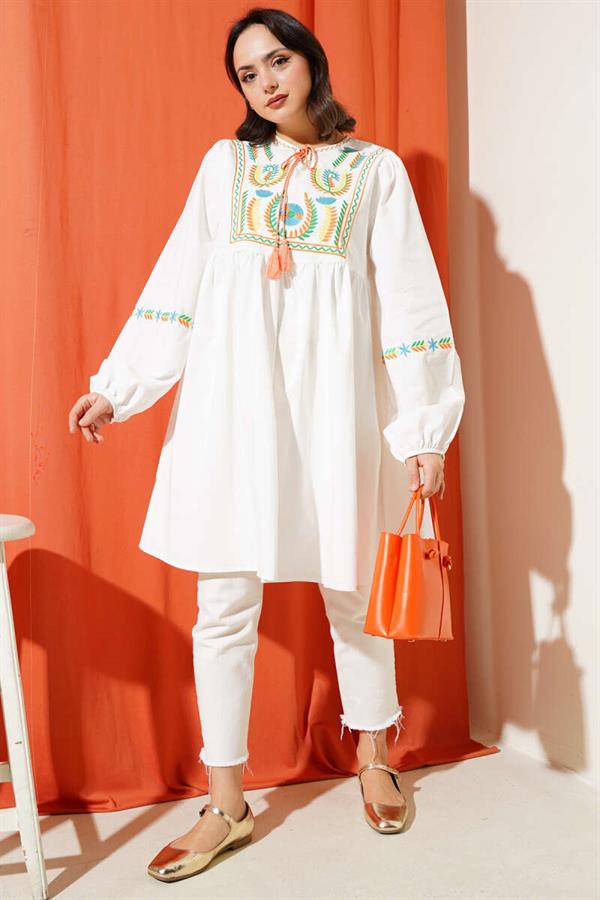 Front Embroidered Tassel Rope Tunic Orange