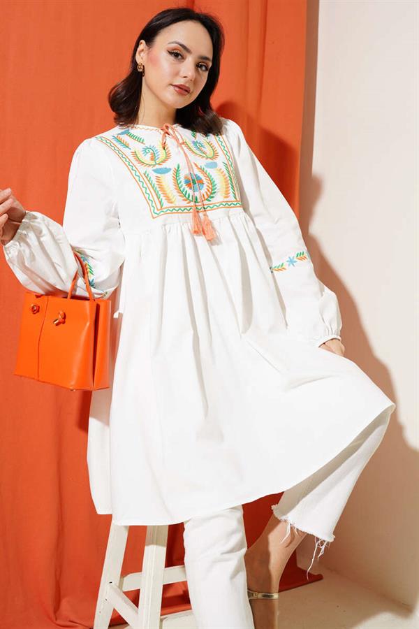 Front Embroidered Tassel Rope Tunic Orange