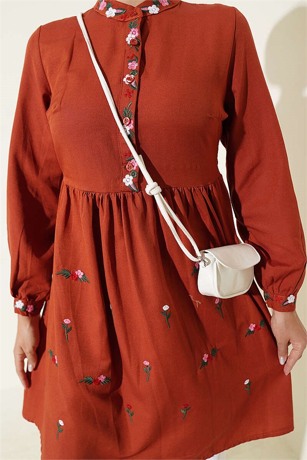 Embroidered Front Half-Button Tunic in Terracotta