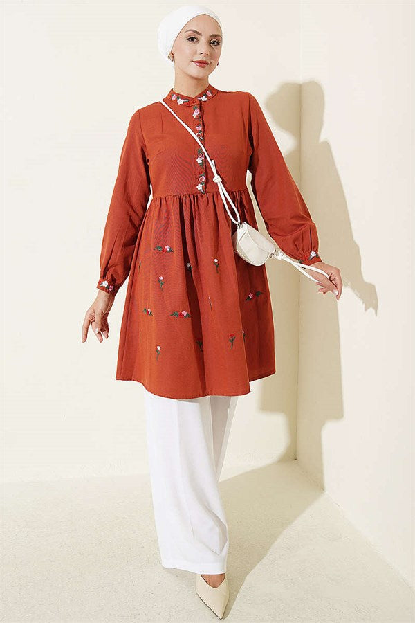 Embroidered Front Half-Button Tunic in Terracotta