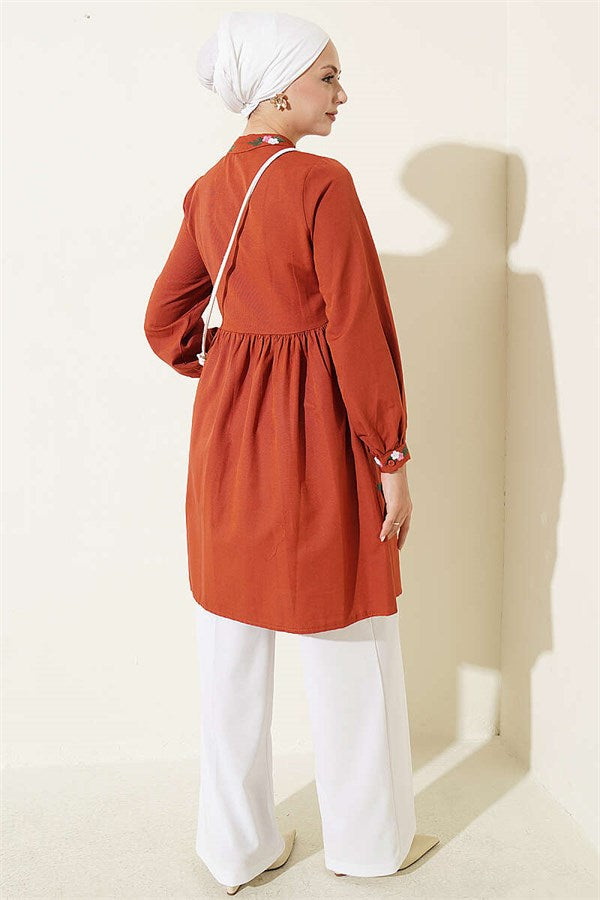 Embroidered Front Half-Button Tunic in Terracotta