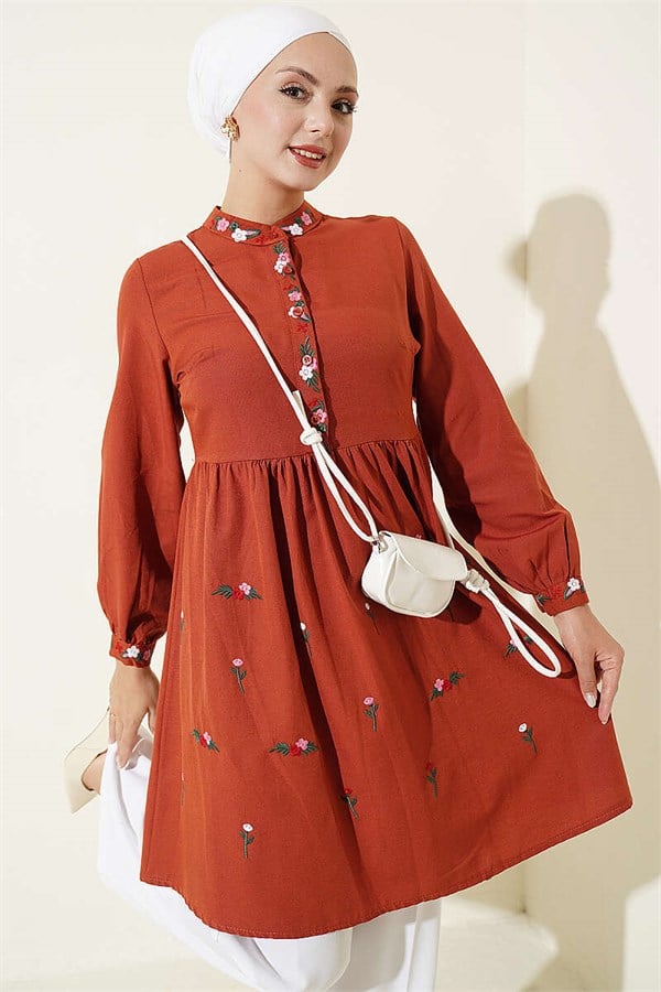 Embroidered Front Half-Button Tunic in Terracotta