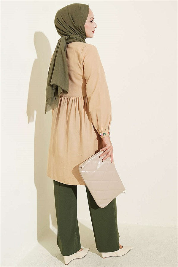 Embroidered Front Half-Button Tunic Latte