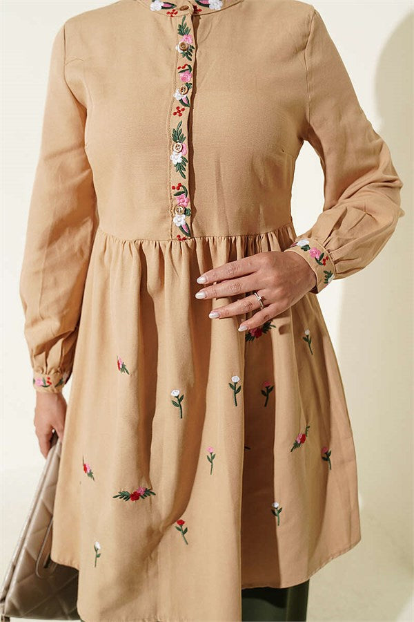 Embroidered Front Half-Button Tunic Latte