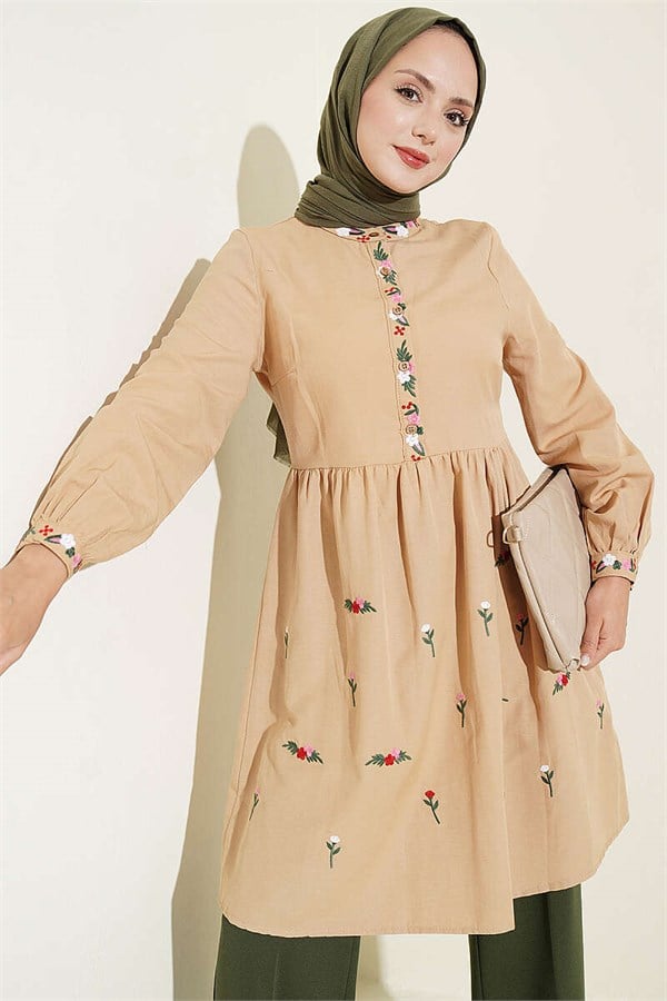 Embroidered Front Half-Button Tunic Latte