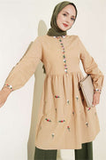 Embroidered Front Half-Button Tunic Latte