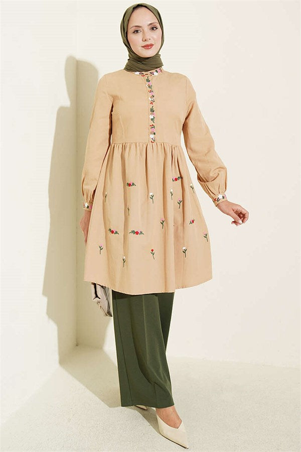 Embroidered Front Half-Button Tunic Latte