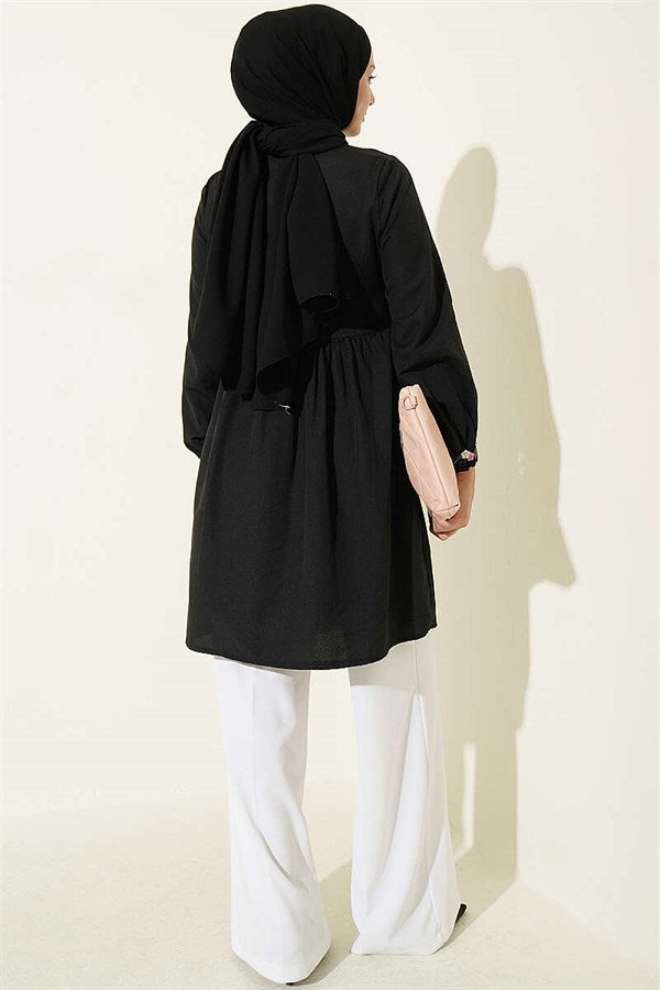 Embroidered Front Half-Button Tunic Black