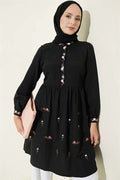 Embroidered Front Half-Button Tunic Black