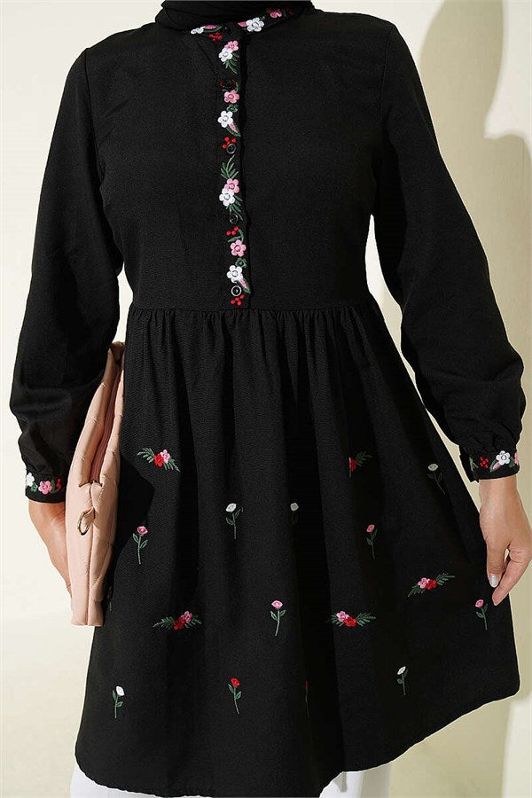 Embroidered Front Half-Button Tunic Black