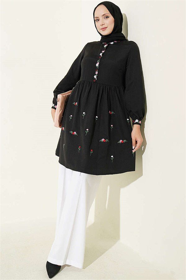 Embroidered Front Half-Button Tunic Black