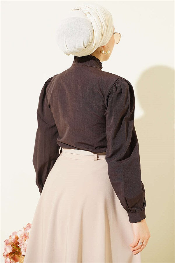 Short Shirt with Ribbed Detail at the Front, Dark Brown