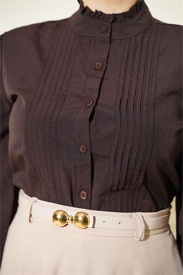 Short Shirt with Ribbed Detail at the Front, Dark Brown