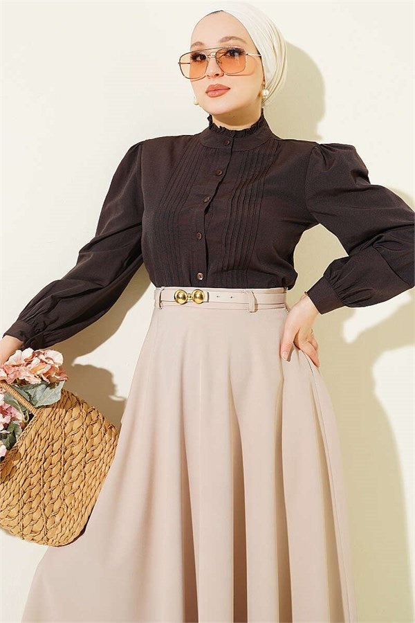 Short Shirt with Ribbed Detail at the Front, Dark Brown