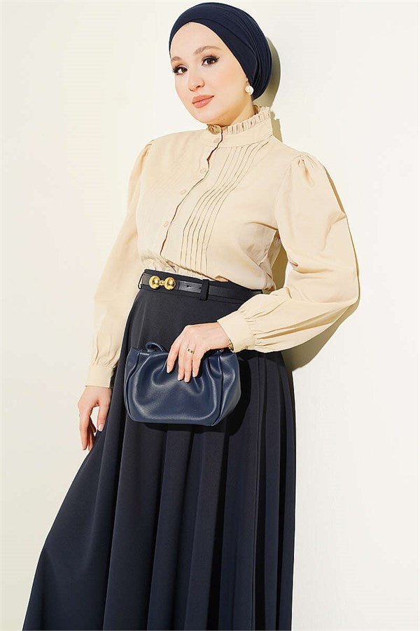 Beige Short Shirt with Ribbed Detail Front