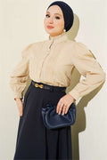 Beige Short Shirt with Ribbed Detail Front