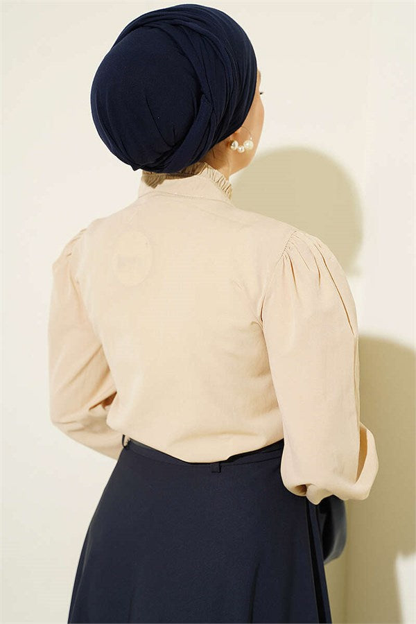 Beige Short Shirt with Ribbed Detail Front