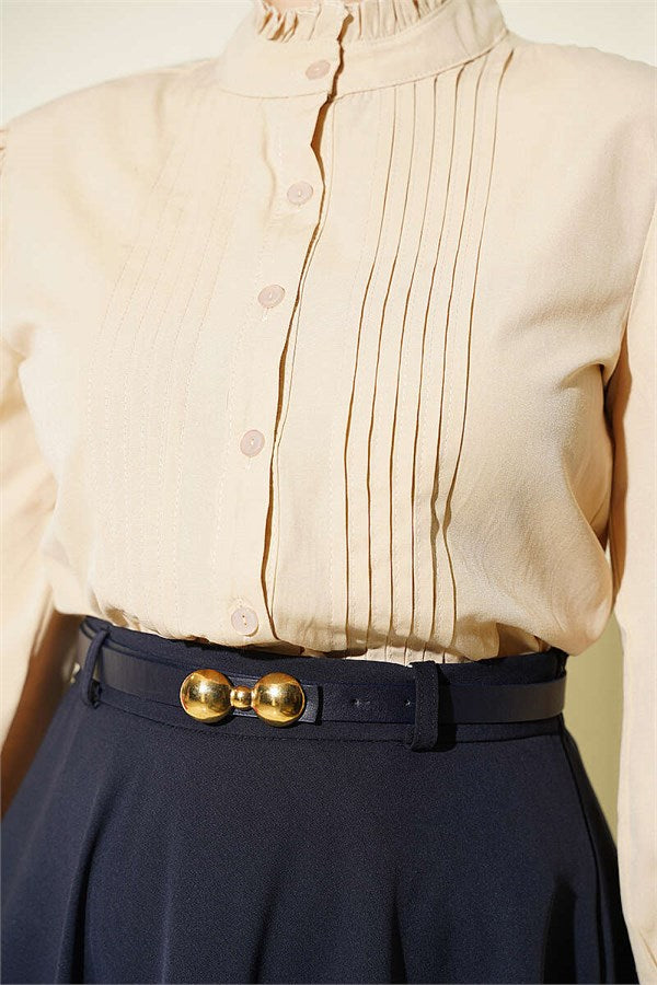 Beige Short Shirt with Ribbed Detail Front