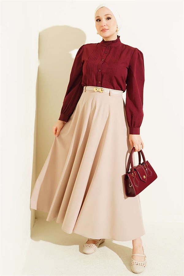 Burgundy Short Shirt with Ribbed Detail at the Front
