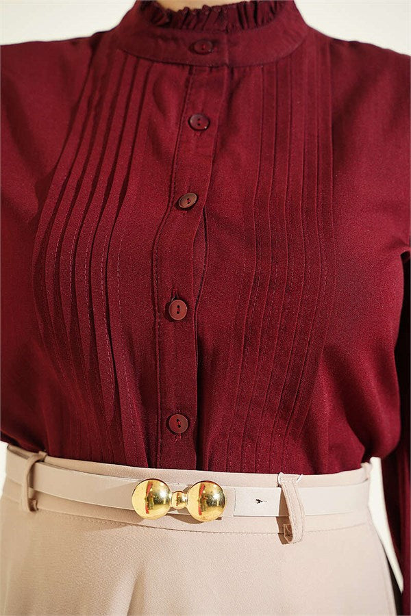 Burgundy Short Shirt with Ribbed Detail at the Front