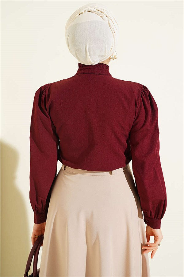 Burgundy Short Shirt with Ribbed Detail at the Front