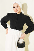 Short Shirt with Ribbed Detail at the Front, Black