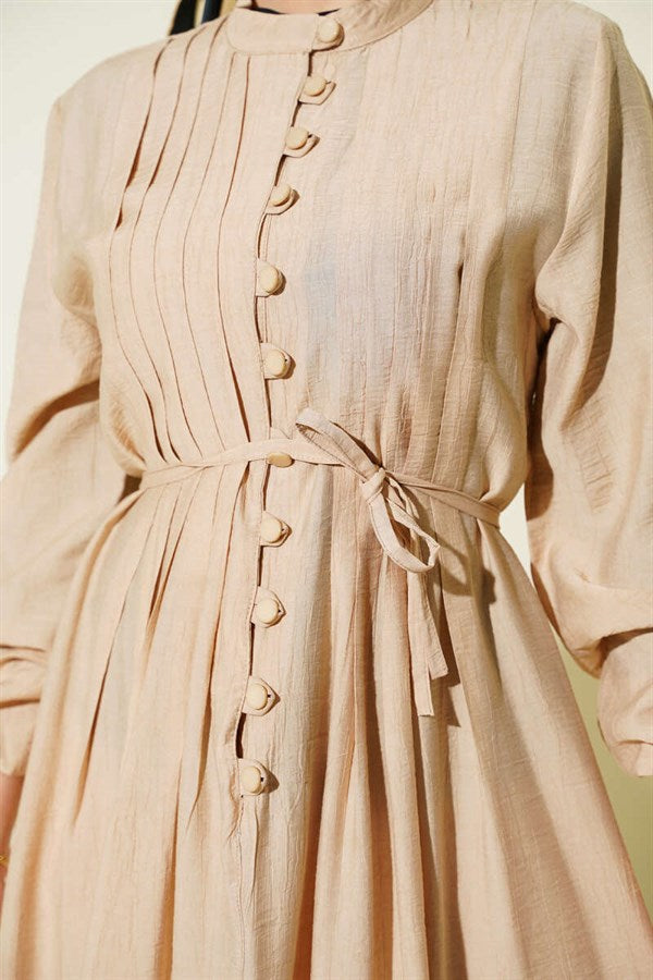 Ribbed Front British Button Dress, Beige
