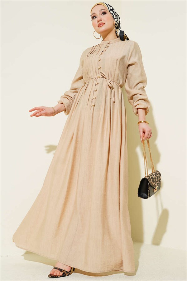 Ribbed Front British Button Dress, Beige