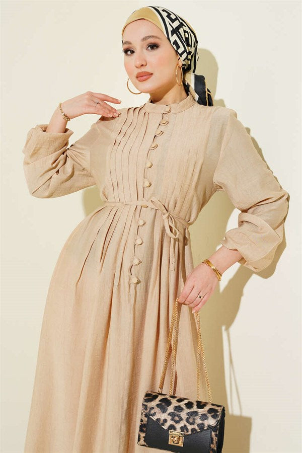 Ribbed Front British Button Dress, Beige