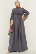 Front Ribbed British Button Dress, Smoke Grey
