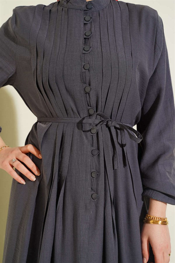 Front Ribbed British Button Dress, Smoke Grey