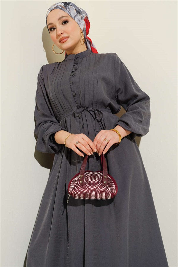 Front Ribbed British Button Dress, Smoke Grey