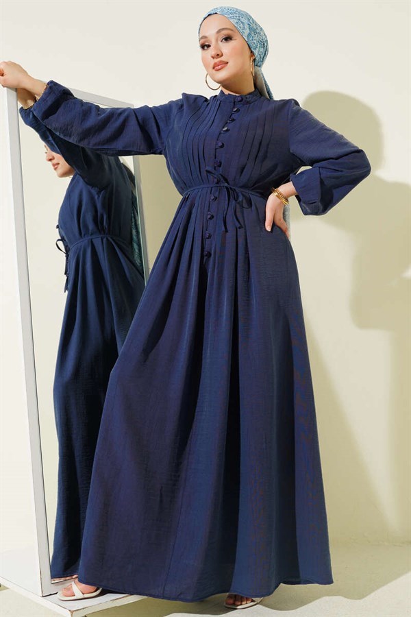 Front Ribbed British Button Dress Navy Blue