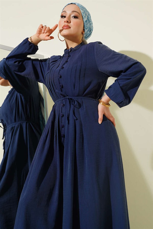Front Ribbed British Button Dress Navy Blue